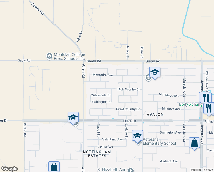map of restaurants, bars, coffee shops, grocery stores, and more near 12514 High Country Drive in Bakersfield
