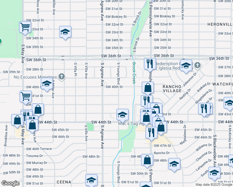 map of restaurants, bars, coffee shops, grocery stores, and more near 2301 Southwest 41st Street in Oklahoma City