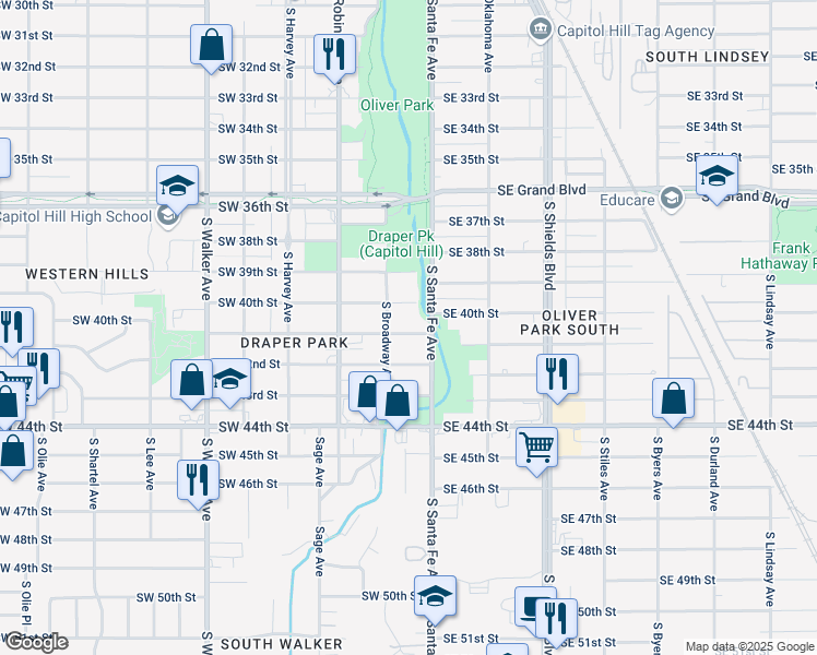 map of restaurants, bars, coffee shops, grocery stores, and more near 17 Southwest 41st Street in Oklahoma City