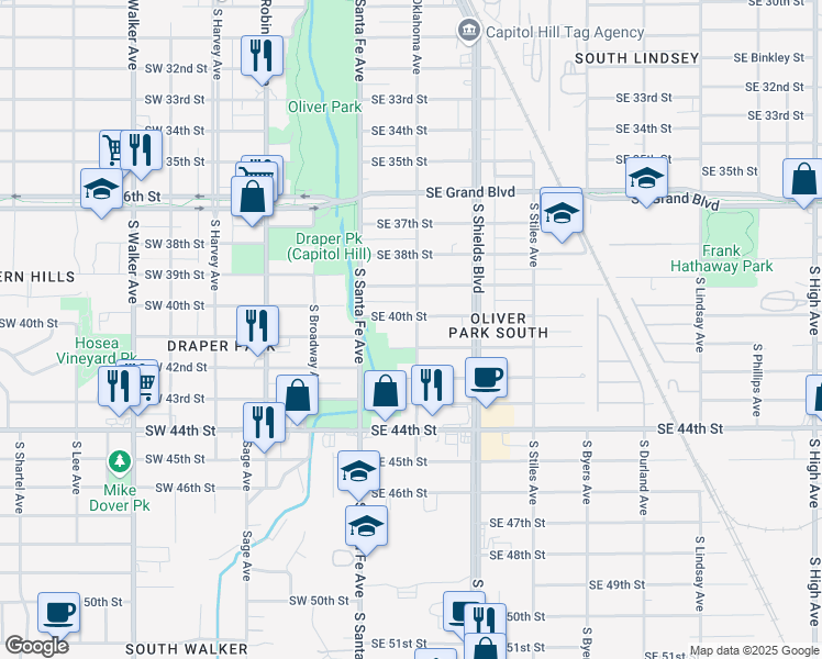 map of restaurants, bars, coffee shops, grocery stores, and more near 4111 South Oklahoma Avenue in Oklahoma City