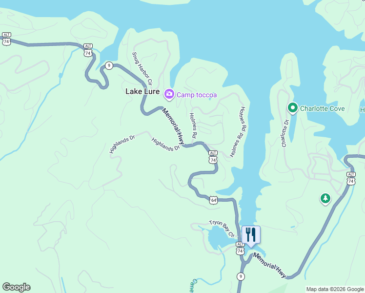 map of restaurants, bars, coffee shops, grocery stores, and more near 131 Holmes Road in Lake Lure