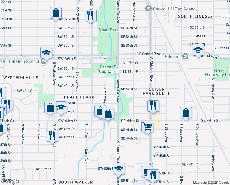 map of restaurants, bars, coffee shops, grocery stores, and more near 17 Southwest 41st Street in Oklahoma City