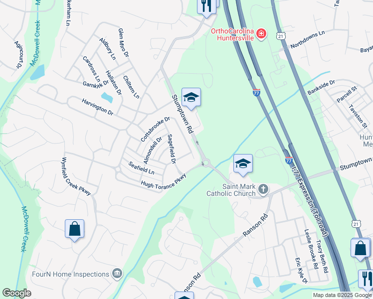 map of restaurants, bars, coffee shops, grocery stores, and more near 8326 Cottsbrooke Drive in Huntersville