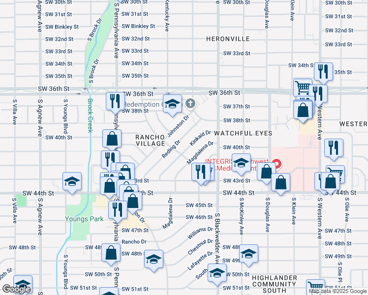map of restaurants, bars, coffee shops, grocery stores, and more near 1365 Kinkaid Drive in Oklahoma City