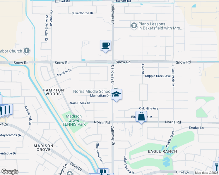 map of restaurants, bars, coffee shops, grocery stores, and more near 9702 Salerosa Court in Bakersfield