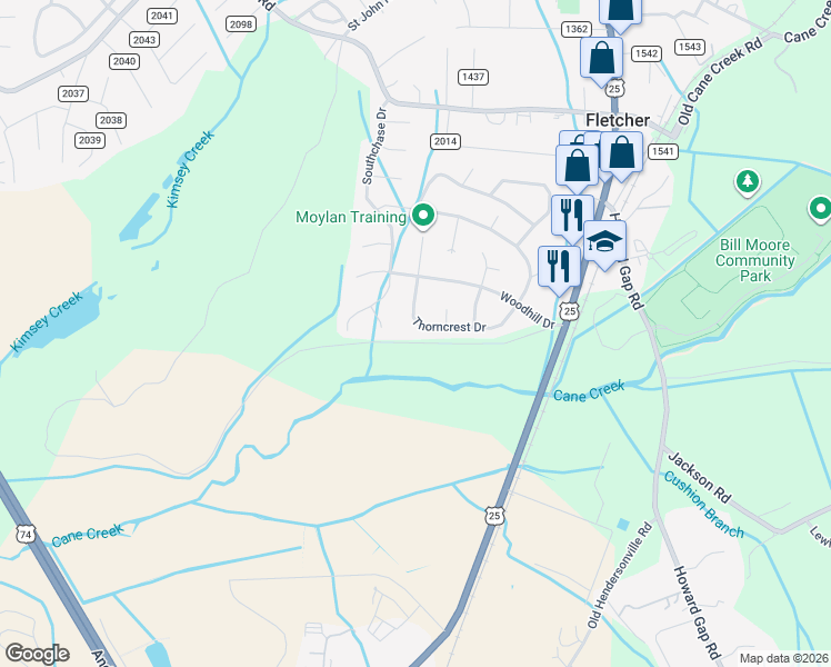 map of restaurants, bars, coffee shops, grocery stores, and more near 1016 Thorncrest Drive in Fletcher