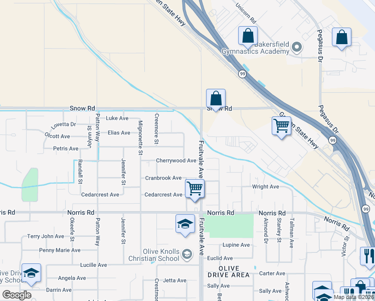 map of restaurants, bars, coffee shops, grocery stores, and more near 6912 Crestwood Street in Bakersfield