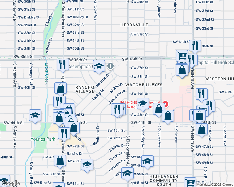map of restaurants, bars, coffee shops, grocery stores, and more near 1329 Magdalena Drive in Oklahoma City