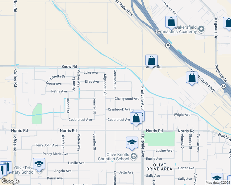 map of restaurants, bars, coffee shops, grocery stores, and more near 6717 Noah Avenue in Bakersfield
