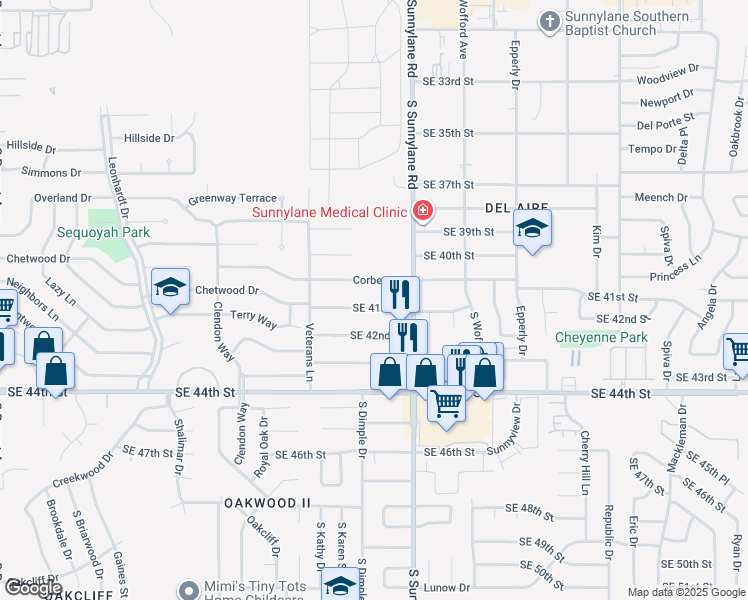 map of restaurants, bars, coffee shops, grocery stores, and more near 4209 Southeast 41st Street in Del City