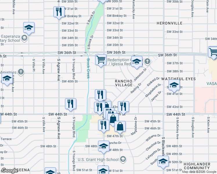 map of restaurants, bars, coffee shops, grocery stores, and more near 1614 Southwest 41st Street in Oklahoma City
