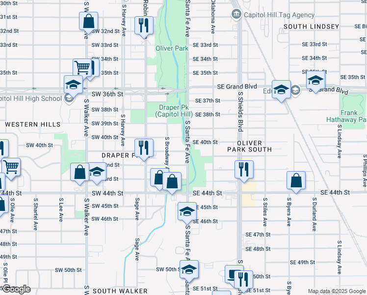 map of restaurants, bars, coffee shops, grocery stores, and more near 17 Southwest 41st Street in Oklahoma City