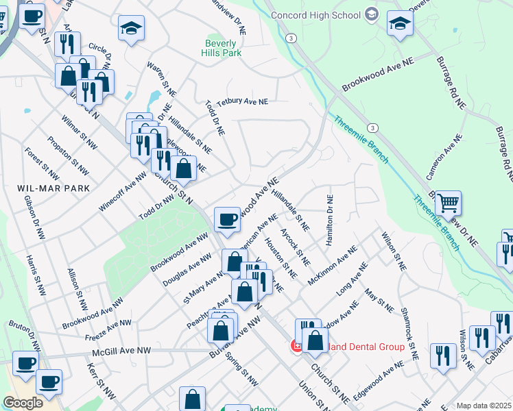 map of restaurants, bars, coffee shops, grocery stores, and more near 86 Brookwood Avenue Northwest in Concord