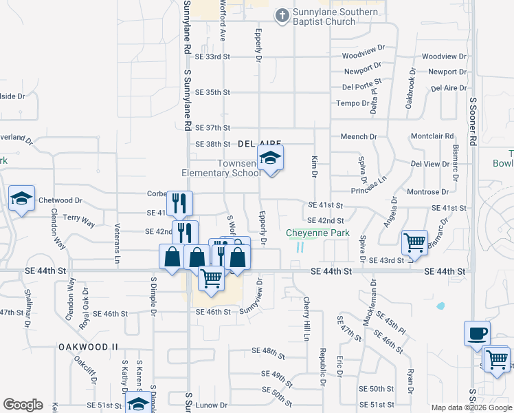 map of restaurants, bars, coffee shops, grocery stores, and more near 4213 Epperly Drive in Del City