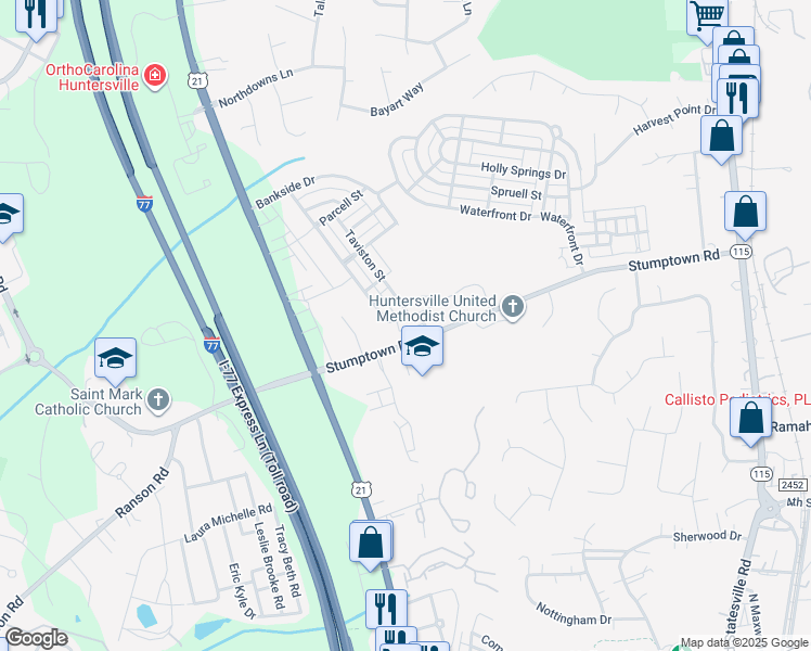 map of restaurants, bars, coffee shops, grocery stores, and more near 15219 Barnsbury Drive in Huntersville