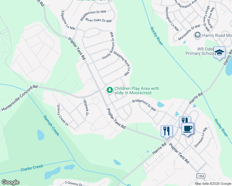 map of restaurants, bars, coffee shops, grocery stores, and more near 724 Byrum Way Street in Huntersville