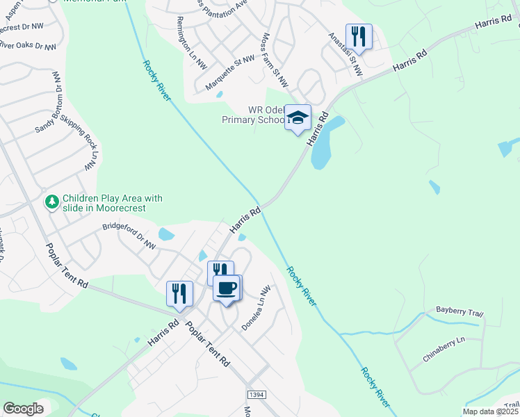 map of restaurants, bars, coffee shops, grocery stores, and more near 9796 Harris Road in Concord