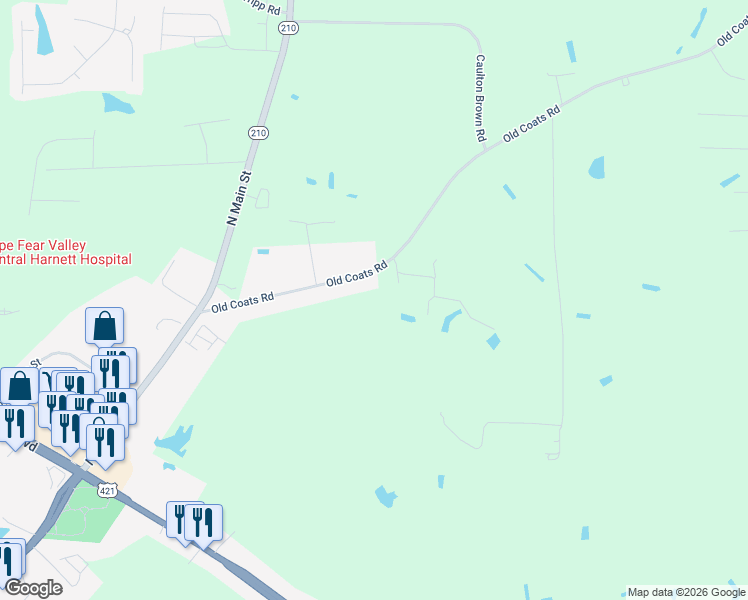 map of restaurants, bars, coffee shops, grocery stores, and more near 370 Old Coats Road in Lillington