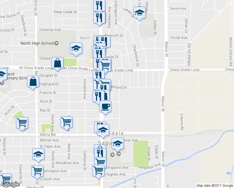 map of restaurants, bars, coffee shops, grocery stores, and more near 1911 Bedford Way in Bakersfield