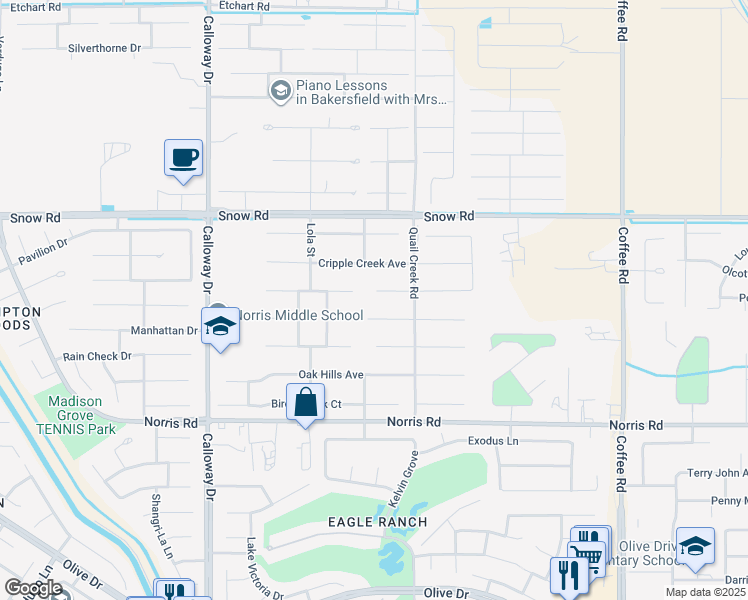map of restaurants, bars, coffee shops, grocery stores, and more near 9019 Forest Oaks Court in Bakersfield