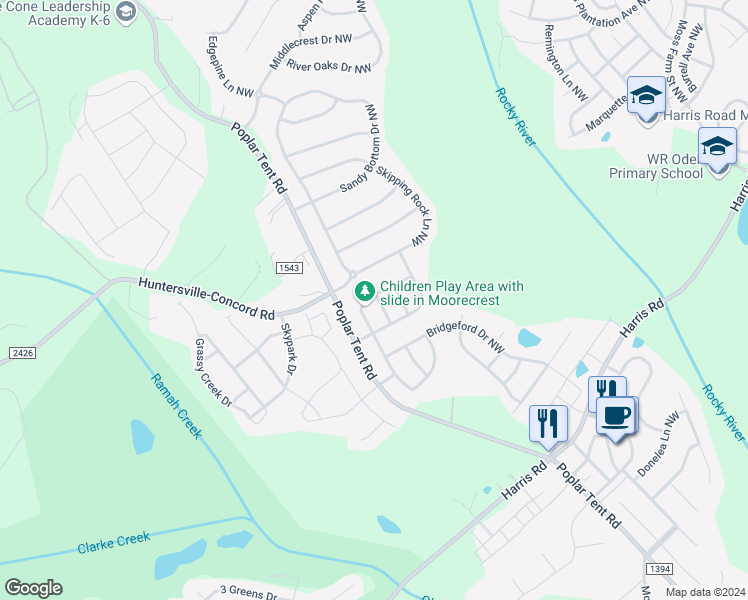 map of restaurants, bars, coffee shops, grocery stores, and more near 720 Martha's View Drive Northwest in Huntersville
