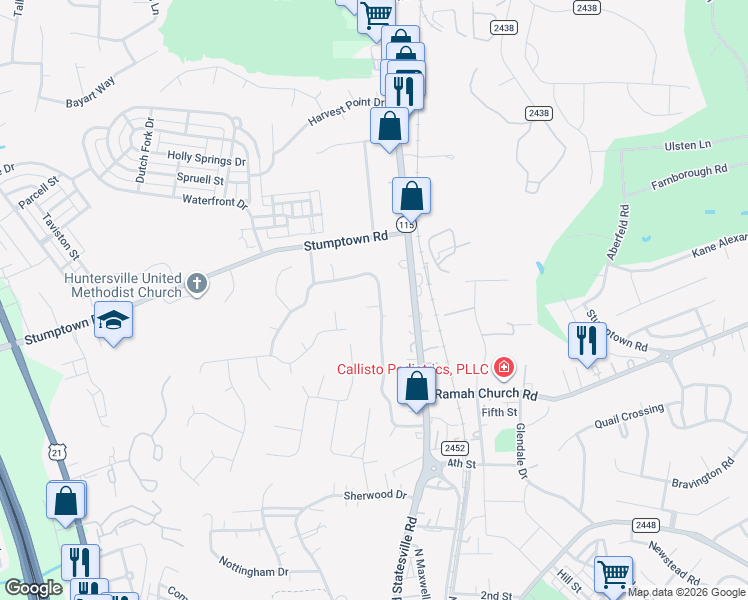 map of restaurants, bars, coffee shops, grocery stores, and more near 100 Welder Court in Huntersville