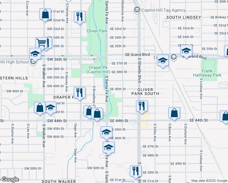 map of restaurants, bars, coffee shops, grocery stores, and more near 12 Southeast 40th Street in Oklahoma City