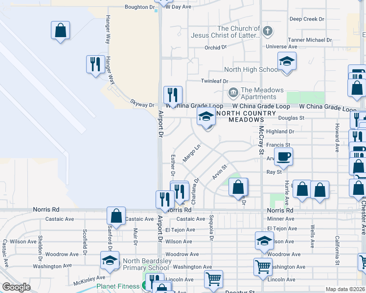 map of restaurants, bars, coffee shops, grocery stores, and more near 2000 Esther Drive in Bakersfield