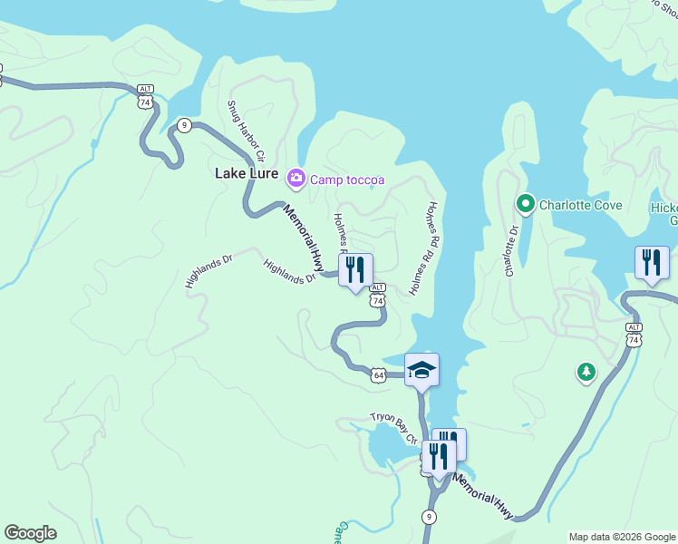 map of restaurants, bars, coffee shops, grocery stores, and more near 131 Holmes Road in Lake Lure