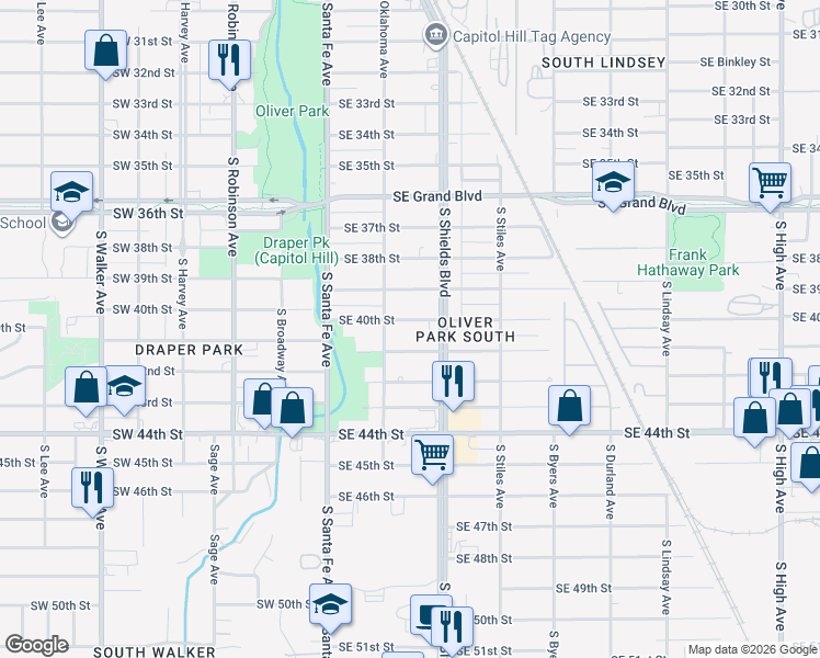 map of restaurants, bars, coffee shops, grocery stores, and more near 126 Southeast 40th Street in Oklahoma City