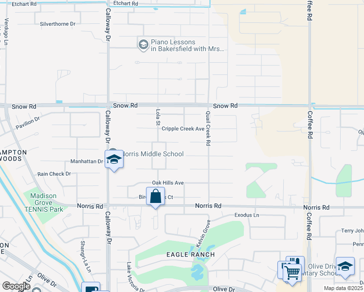 map of restaurants, bars, coffee shops, grocery stores, and more near 9019 Forest Oaks Court in Bakersfield