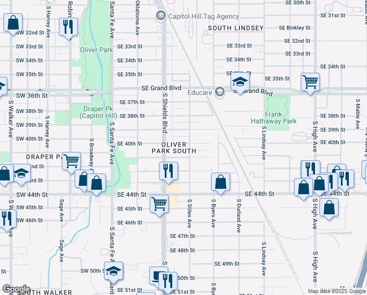 map of restaurants, bars, coffee shops, grocery stores, and more near 4103 South Stiles Avenue in Oklahoma City