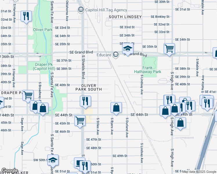 map of restaurants, bars, coffee shops, grocery stores, and more near 332 Southeast 40th Street in Oklahoma City