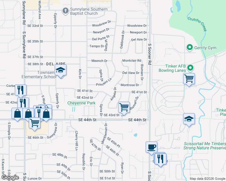 map of restaurants, bars, coffee shops, grocery stores, and more near 4749 Southeast 41st Street in Del City