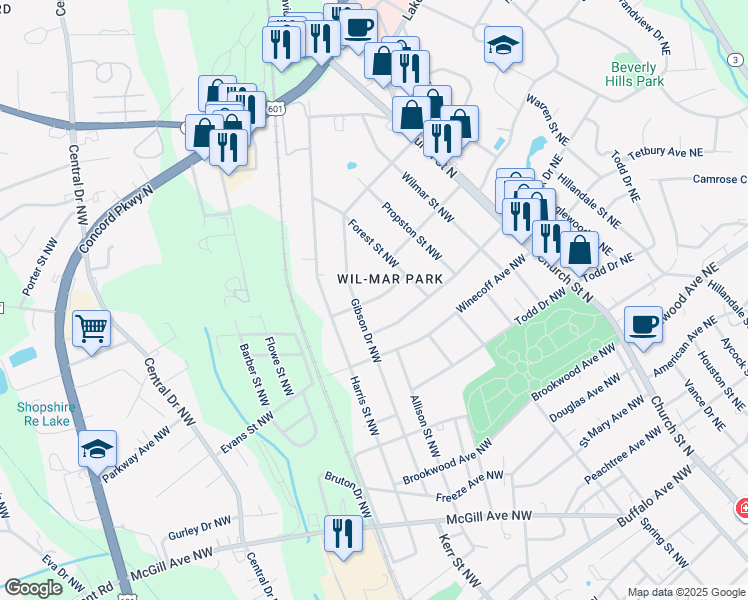 map of restaurants, bars, coffee shops, grocery stores, and more near Phifer Avenue Northwest in Concord