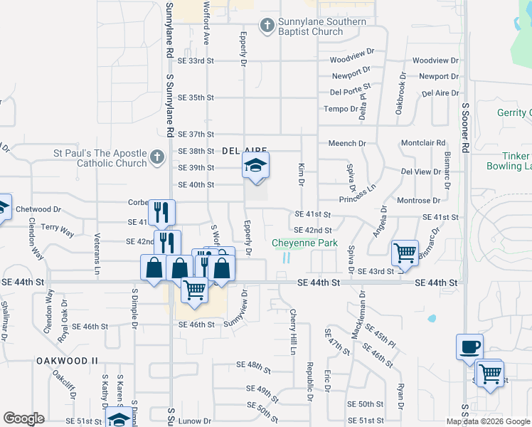 map of restaurants, bars, coffee shops, grocery stores, and more near 4300 Suntane Rd in Del City