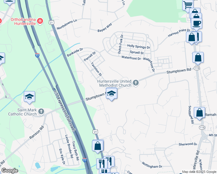 map of restaurants, bars, coffee shops, grocery stores, and more near 15211 Barnsbury Drive in Huntersville
