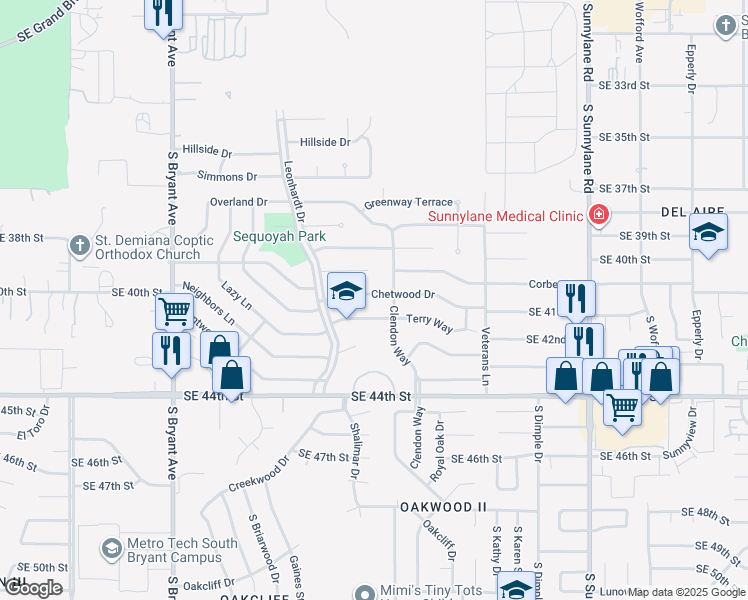map of restaurants, bars, coffee shops, grocery stores, and more near 3600 Chetwood Drive in Del City