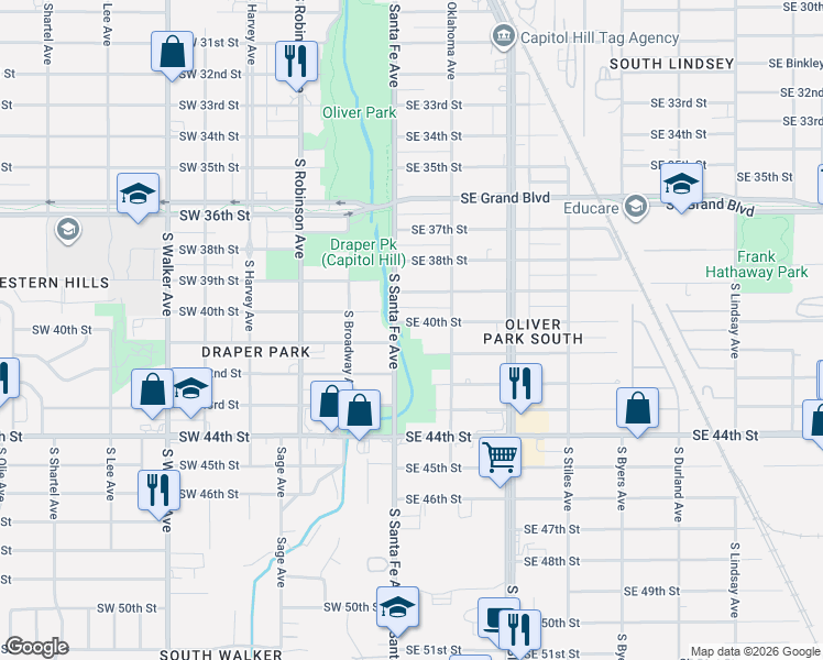 map of restaurants, bars, coffee shops, grocery stores, and more near 12 Southeast 40th Street in Oklahoma City