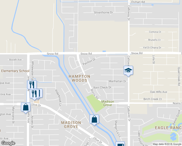 map of restaurants, bars, coffee shops, grocery stores, and more near 10302 Malaguena Court in Bakersfield