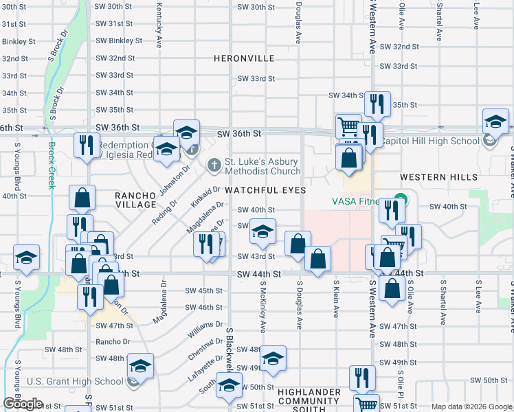 map of restaurants, bars, coffee shops, grocery stores, and more near 1209 Southwest 40th Street in Oklahoma City