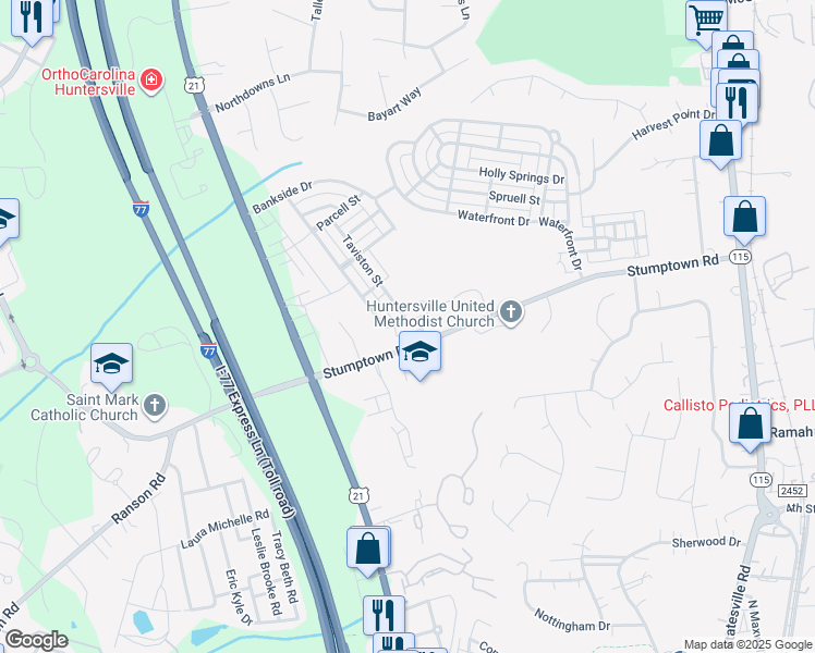 map of restaurants, bars, coffee shops, grocery stores, and more near 15219 Barnsbury Drive in Huntersville