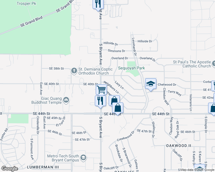 map of restaurants, bars, coffee shops, grocery stores, and more near 3020 Neighbors Lane in Del City