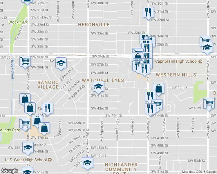 map of restaurants, bars, coffee shops, grocery stores, and more near 1125 Southwest 40th Street in Oklahoma City