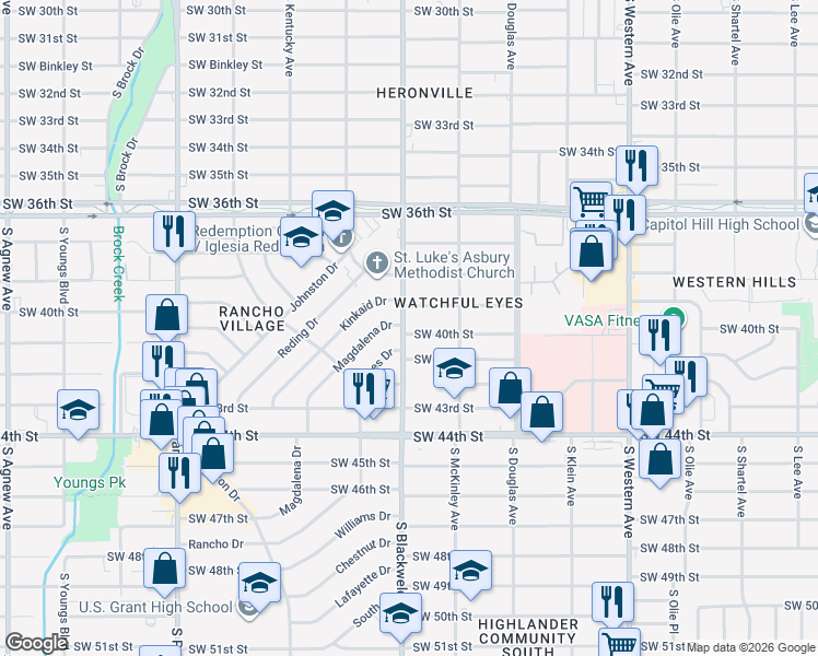 map of restaurants, bars, coffee shops, grocery stores, and more near 1237 Southwest 40th Street in Oklahoma City