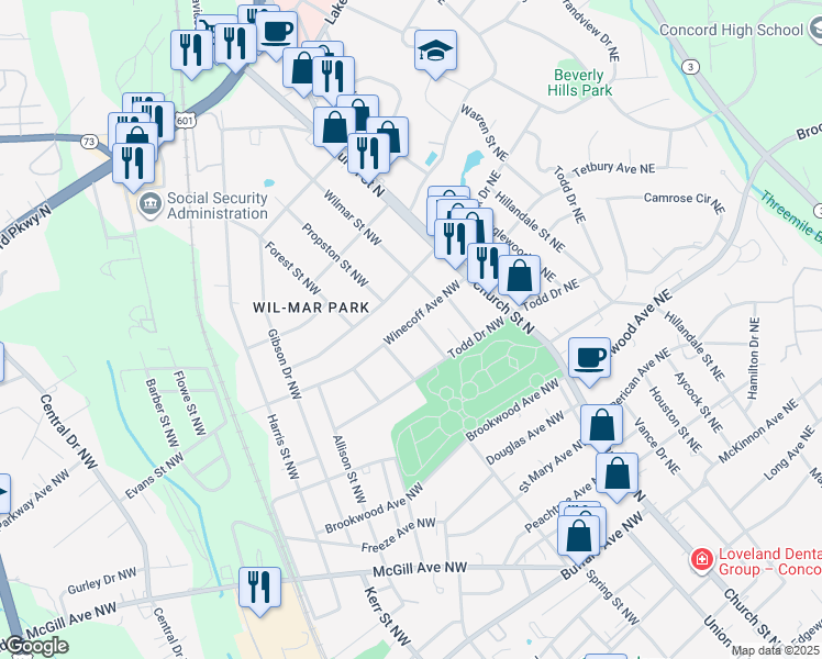 map of restaurants, bars, coffee shops, grocery stores, and more near 67 Winecoff Avenue Northwest in Concord