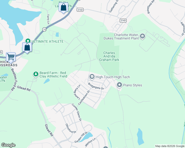 map of restaurants, bars, coffee shops, grocery stores, and more near 15621 Troubadour Lane in Huntersville