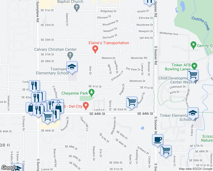 map of restaurants, bars, coffee shops, grocery stores, and more near 4721 Southeast 41st Street in Del City