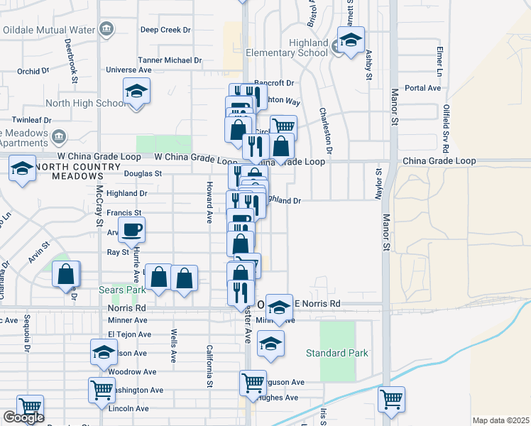 map of restaurants, bars, coffee shops, grocery stores, and more near 1914 North Chester Avenue in Bakersfield