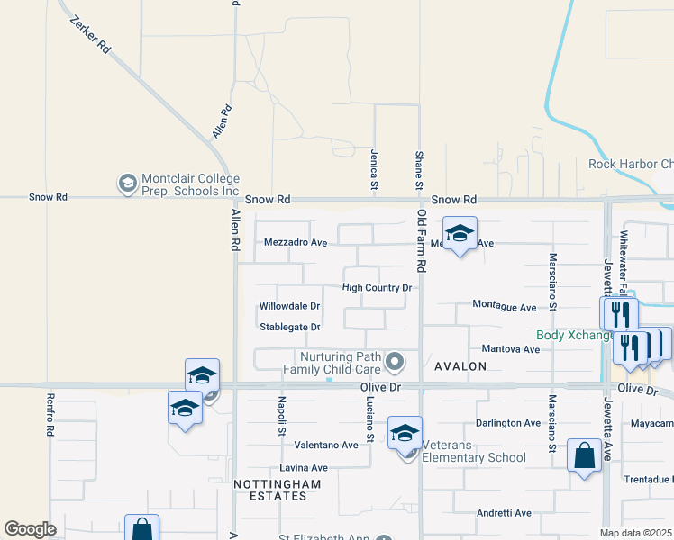 map of restaurants, bars, coffee shops, grocery stores, and more near 7007 Crossroads Drive in Bakersfield